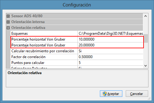 Cuadro de diálogo Configuración mostrando las opciones de porcentajes Horizontal y Vertical de Von Gruber