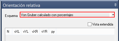 Parte del cuadro de diálogo "Orientación Relativa" con el esquema "Von Gruber calculado con porcentajes" seleccionado