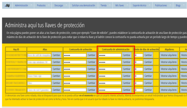 Página web mostrando contraseña de administración