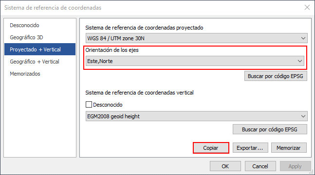 Ejes y copiar al portapapeles en el cuadro de diálogo de selección de sistema de referencia de coordenadas