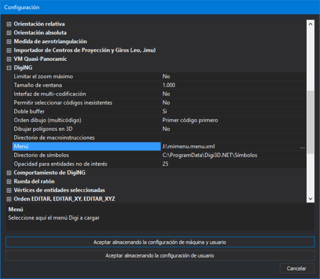Dialogo configuracion mostrando opcion de menu de digi